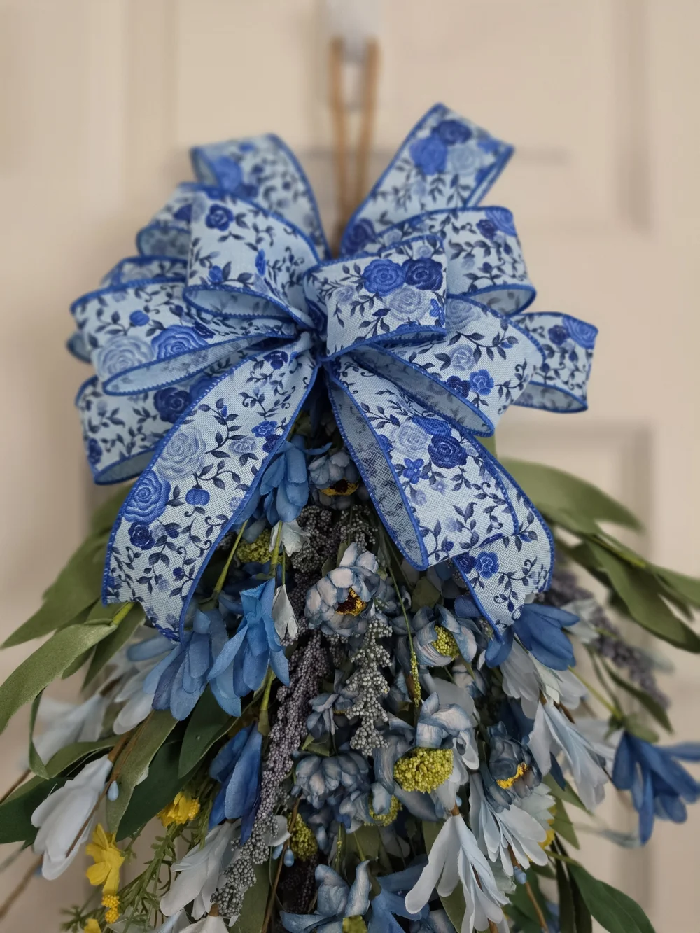 Blue & Yellow Floral Teardrop Door Swag with Patterned Bow